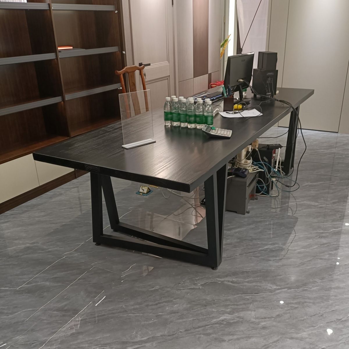 Rectangle Pine Wood Dining Table Industrial Black Table with Double Pedestal