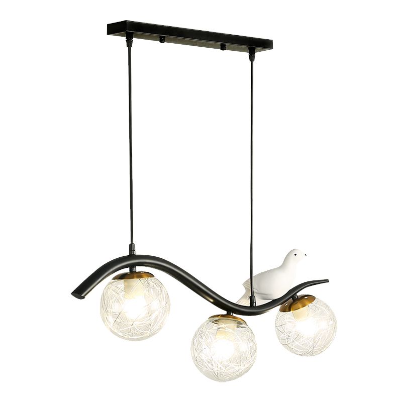 Ball Shade Hanging Lamp Kit Modernism Clear/White Glass 3 Heads Black Island Lighting with Pigeon Decor