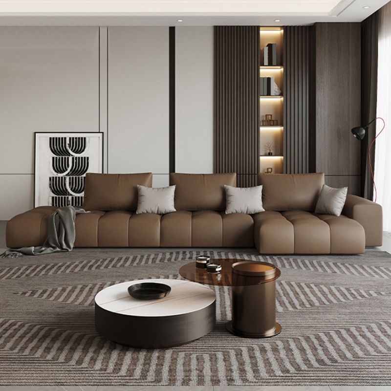 Dark Brown Faux Leather Sectional Stain-Resistant One Arm Sectional for Living Room