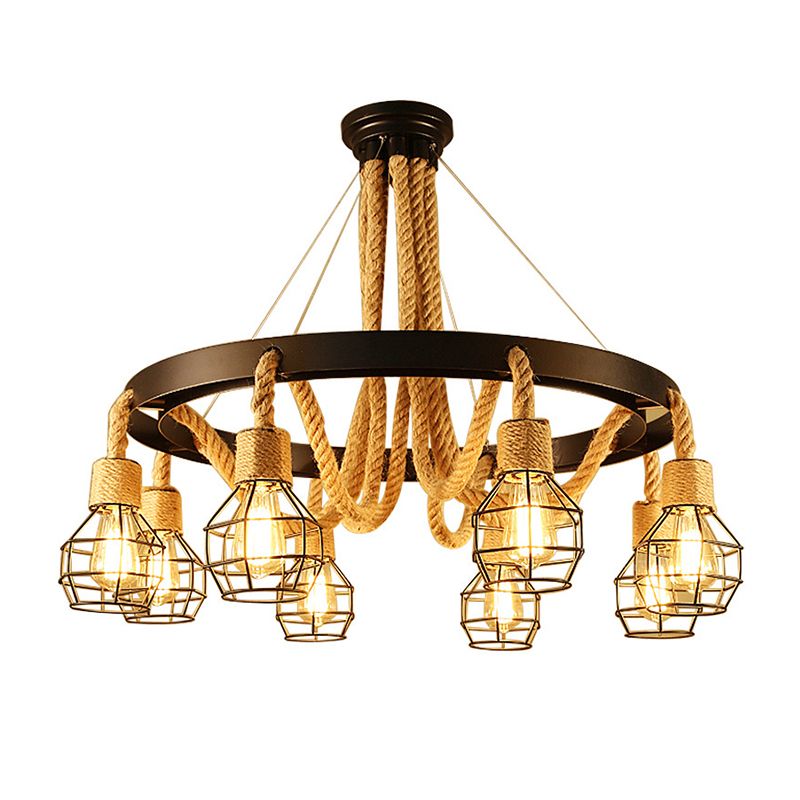 Rope Circular Pendant Light Fixtures Industrial Bar Hanging Chandelier Light