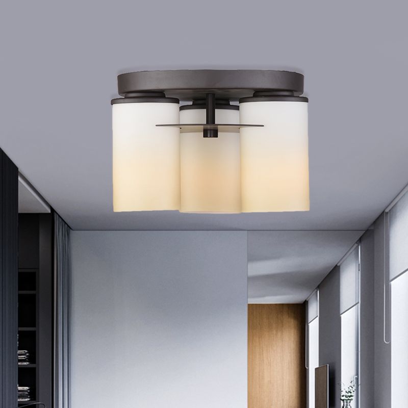 Lámpara de techo de cilindro de campo 3 Bulbos de vidrio blanco Semi Flush Mount Lights para dormitorio