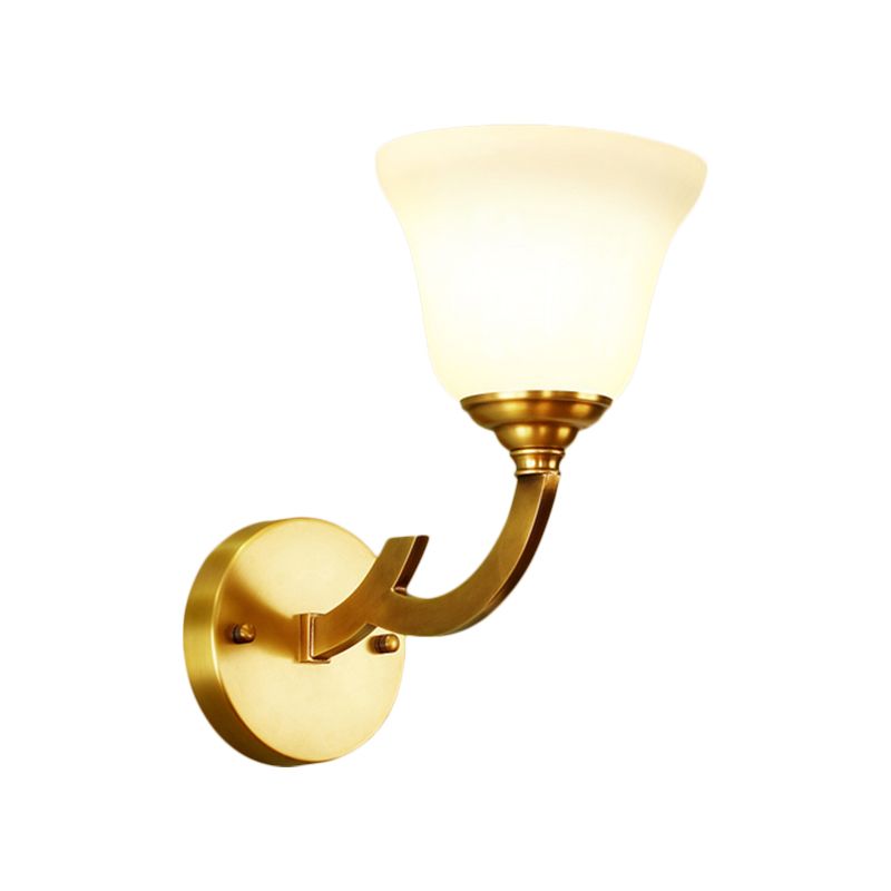 Gold 1 Light Wall Sconce Fixture Colonial Style Milk Glass Bell Shade Wall Mount Light for Corridor