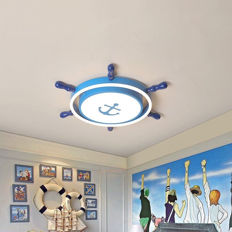 Mediterranean Rudder Iron Flush Light LED Flush Mount Lighting Fixture in Blue with Anchor Pattern