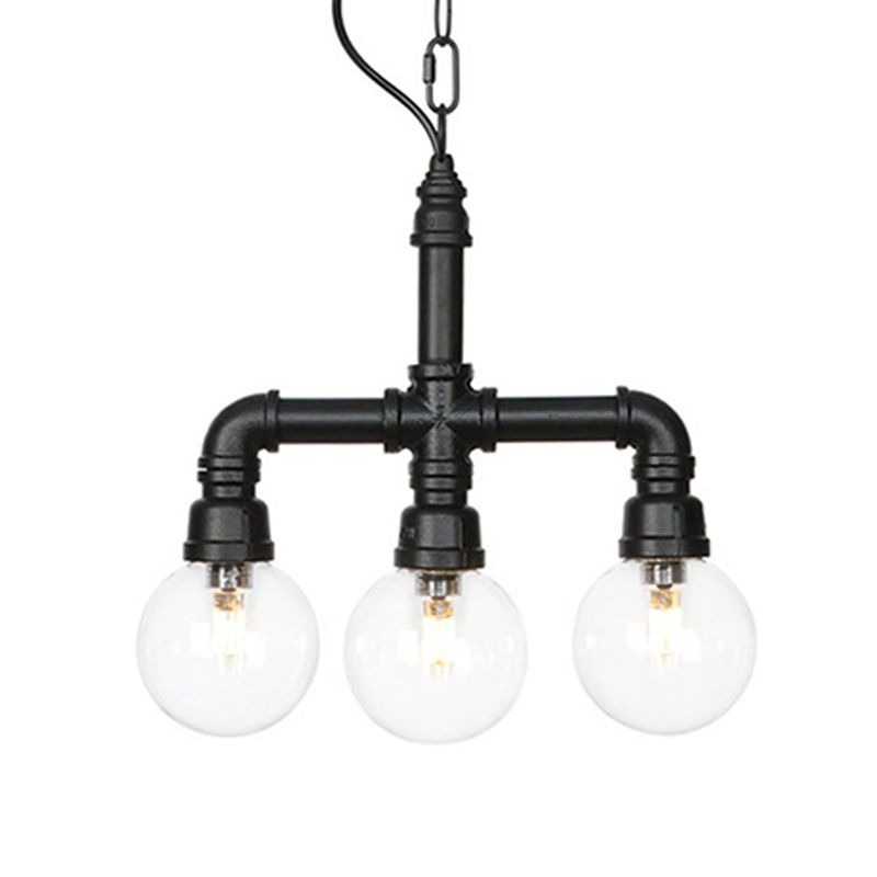 Metallic Black Hanging Lighting Piping 3/4 Heads Vintage LED Chandelier Pendant Lamp with Ball Clear Glass Shade for Bar