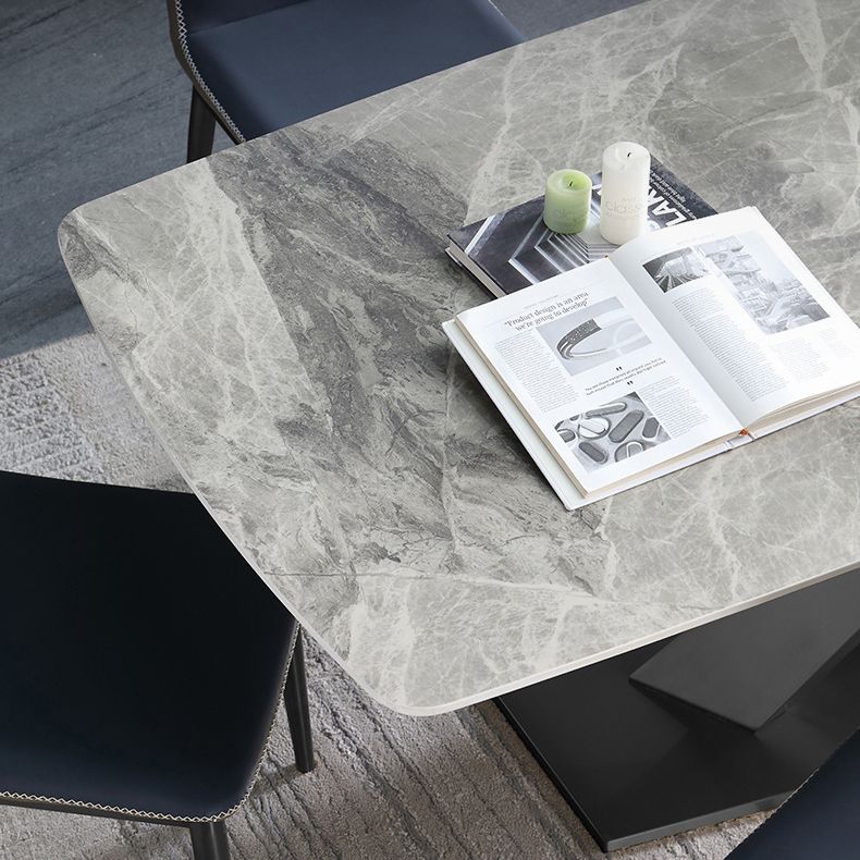 Luxury Sintered Stone Top Dining Table Rectangle Dining Table with Metal Pedestal in Black