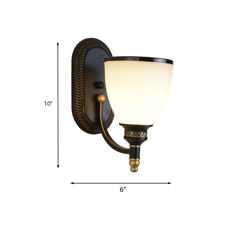 Metal Dome Wall Light Sconce Vintage Style 1/2-Head Living Room Wall Lamp with White Glass in Black