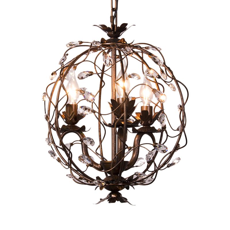 Traditional Globe Hanging Chandelier Metal 3/5 Bulbs Suspension Light in Antique Brass with Crystal Leaf