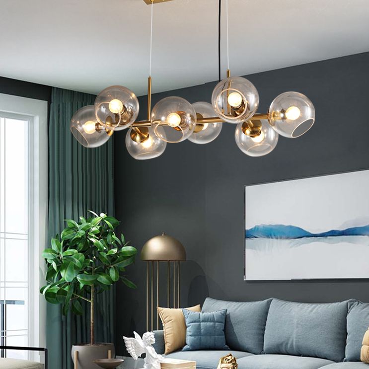 8 Light Mid-Century Gold Metal Island Pendants Lighting Light Spherical Glass Island Plafond Light for Dining Table