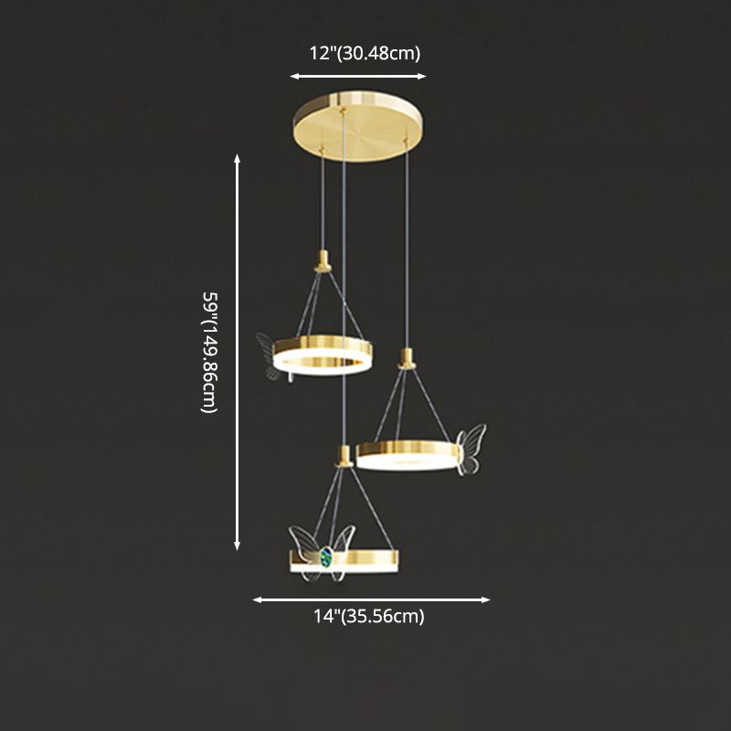 Brass Ring LED Pendant Minimalist Metal Hanging Light with Butterfly Decoration