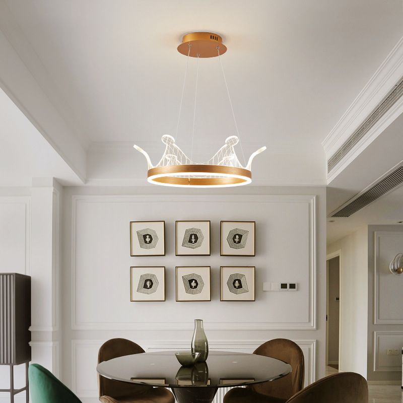 Minimalist LED Suspension Light Gold Crown Shaped Chandelier with Acrylic Diffuser