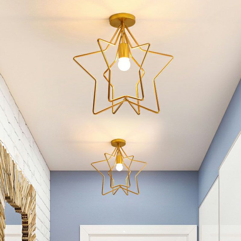 Industrial Star Semi Flush Mount Single Iron Flushmount Ceiling Light in Gold for Corridor