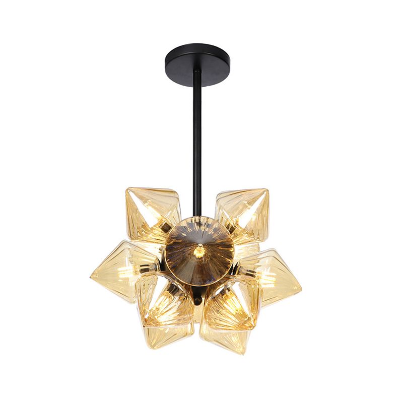 Diamond Chandelier Lamp Contemporary Amber Glass 9/12 Bulbs Living Room Hanging Pentant Light