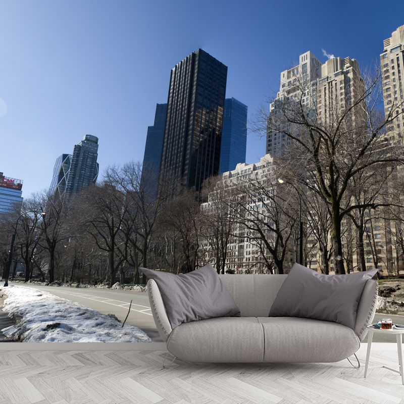 Contemporary Winter Street Scene Mural Brown Moisture Resistant Wall Art for Living Room