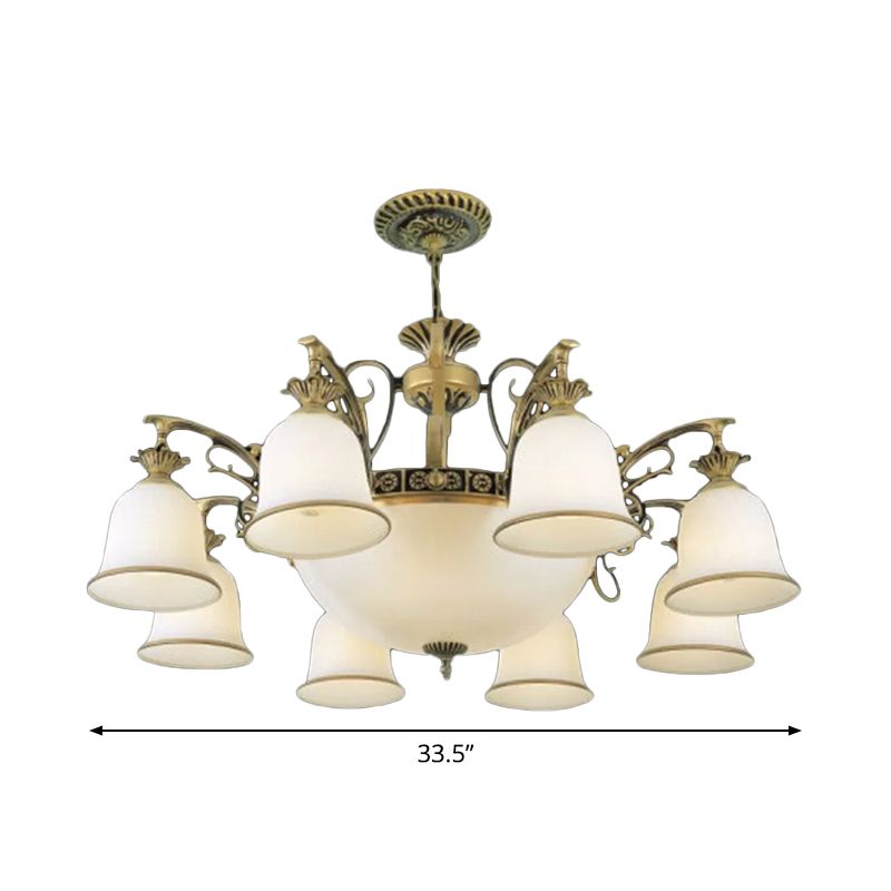 Rustic Carillon Chandelier Lighting 11 Heads White Glass Suspended Lighting Fixture in Brass