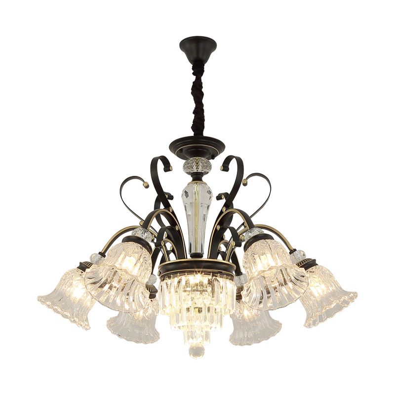 Traditional 6-Light Chandelier Clear Crystal Shaded Floral Ceiling Pendant Light in Black