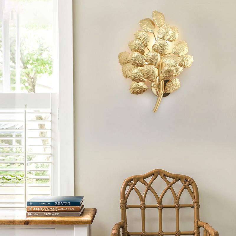 2 Bulbs Leaf Wall Sconce Contemporary Style Dark Coffee/Gold Aluminum Wall Lighting Fixture for Living Room