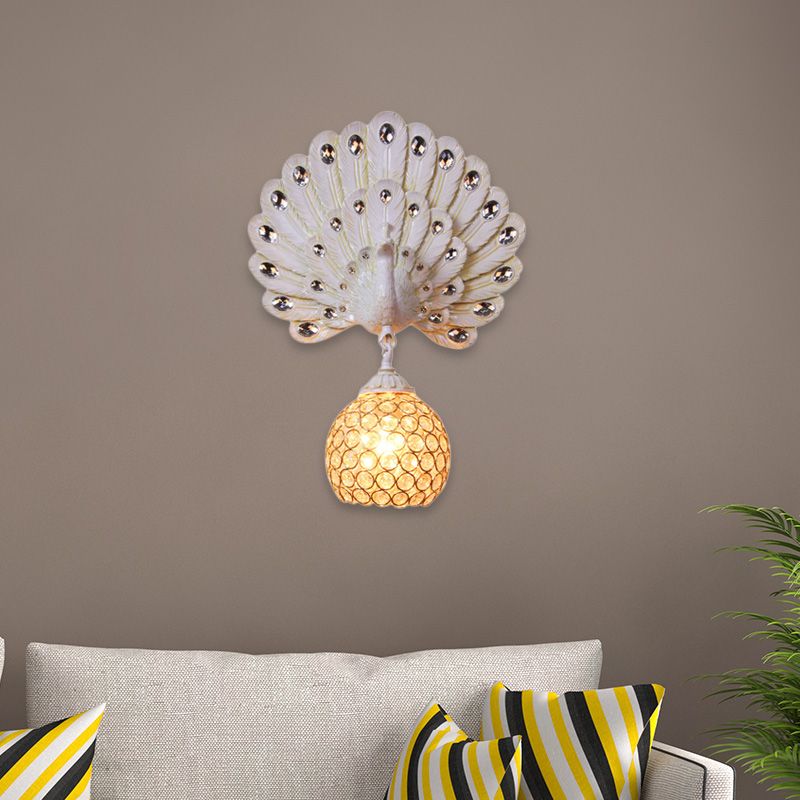 Retro Stylish Global Wall Light Sconce Clear Crystal 1 Light Wall Lamp with Peacock Backplate in Silver/White