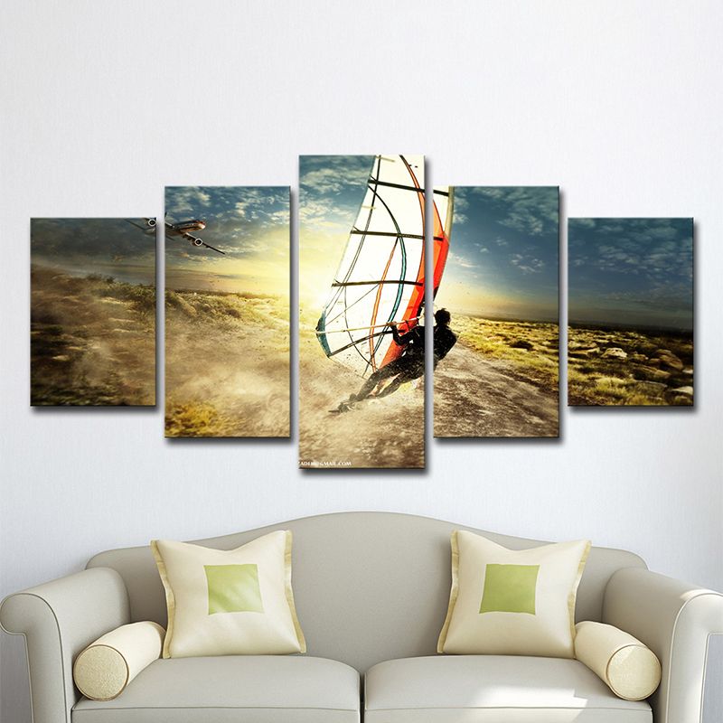 Cool Windsurfing at Sunset Art Print for House Interior Extreme Sport Wall Decor in Blue