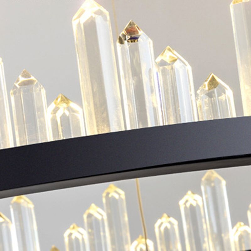 Black Circular LED Pendant Light in Modern Luxury Style Wrought Iron Hanging Lamp with Crystal Shade