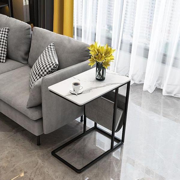 24.4" Tall Ironcraft C Side Table Rectangular Faux Marble Top End Table with Storage