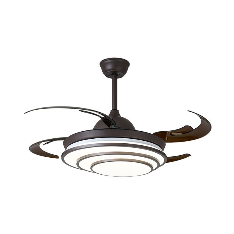 Cirkel acryl plafondventilator licht moderne led woonkamer semi -spoeling in donkere koffie met 4 bruine messen, 42 "breed