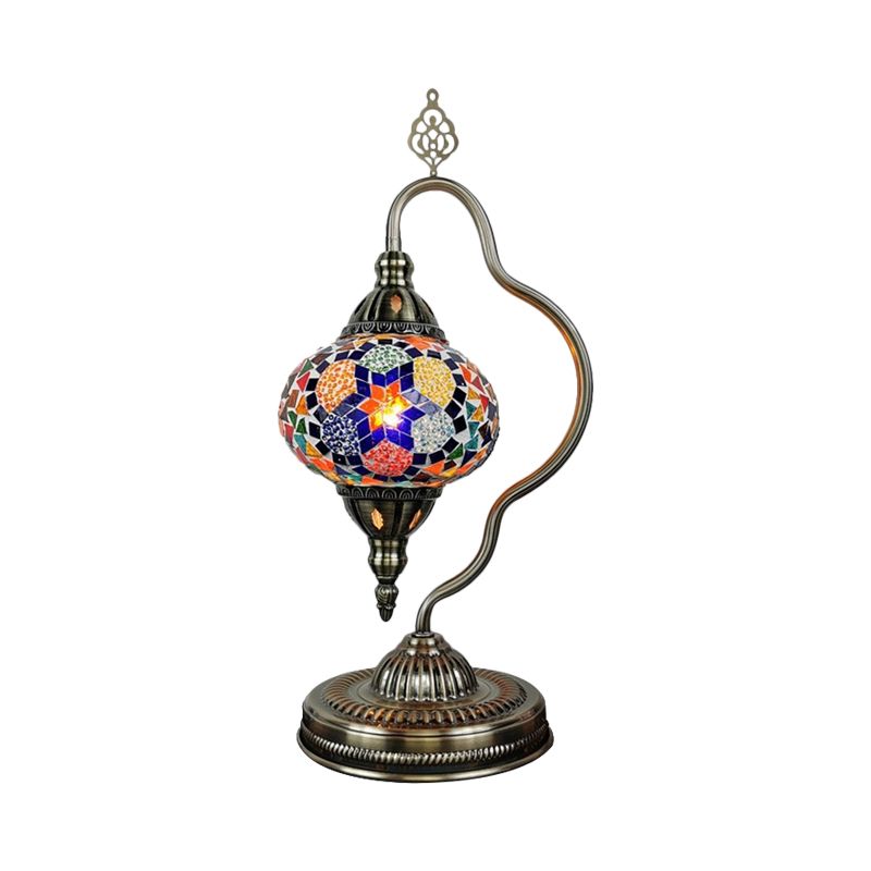 Stained Art Glass Globe Table Lamp Art Deco 1 Head Restaurant Night Light with Curvy Arm in White/Red/Yellow