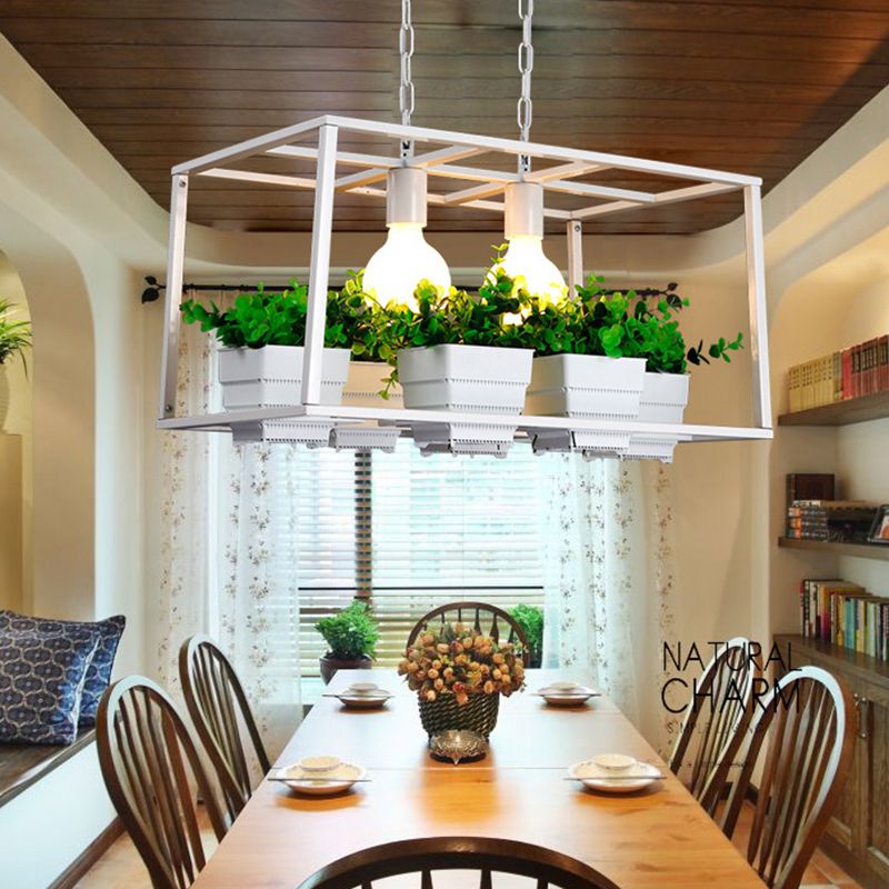 Black/White 2 Heads Island Lamp Antiqued Metal Rectangle Plant Hanging Ceiling Light for Restaurant, 21.5"/25.5" Long