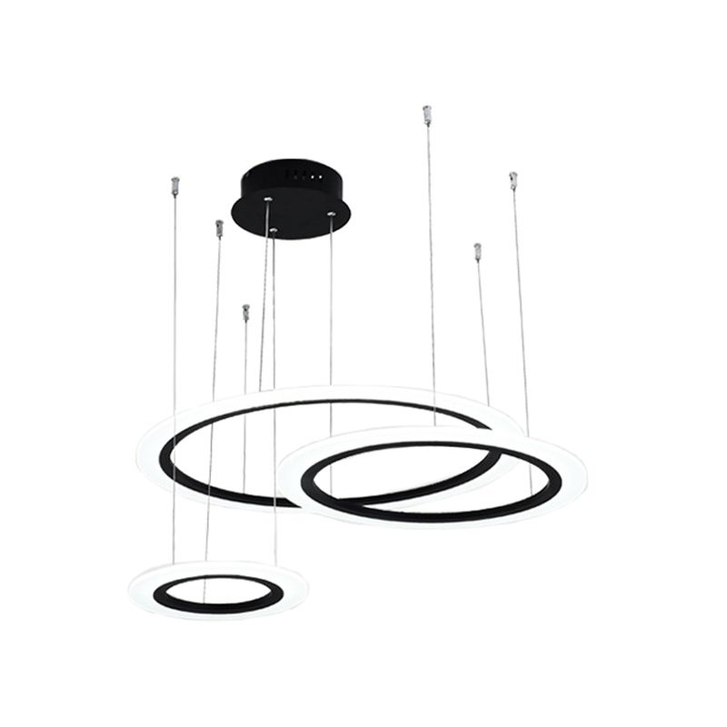 Contemporary LED Hanging Light Kit Black 3/4 Tiered Halo Ring Chandelier with Acrylic Shade