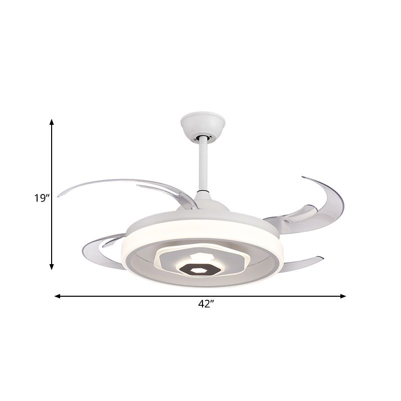 LED -plafondventilator Verlichting Eenvoudige slaapkamer Semi -spoeling Lichte armatuur met ronde acrylschaduw in wit met 4 heldere messen, 42 "W