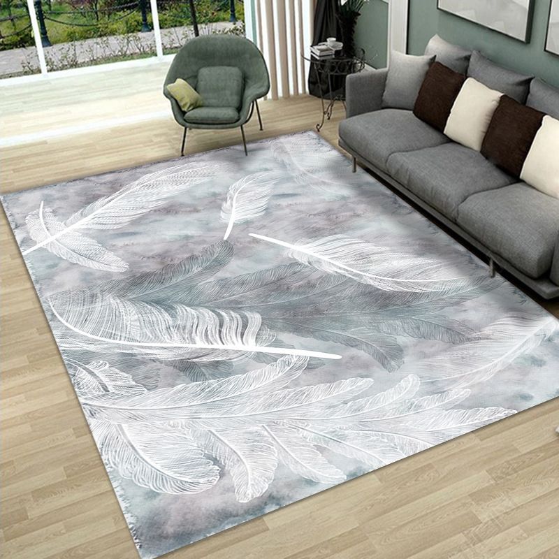 Gray Casual Rug Polyester Leaves Rug Stain Resistant Rug for Lving Room