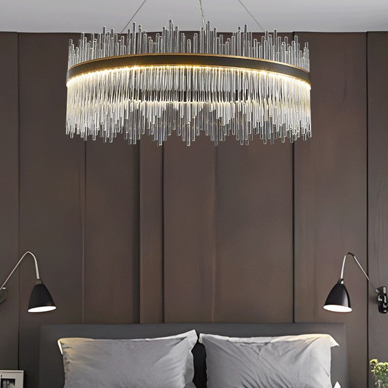 Contemporary Nordic LED Hanging Pendant Light Crystal Circular Chandelier for Living Room