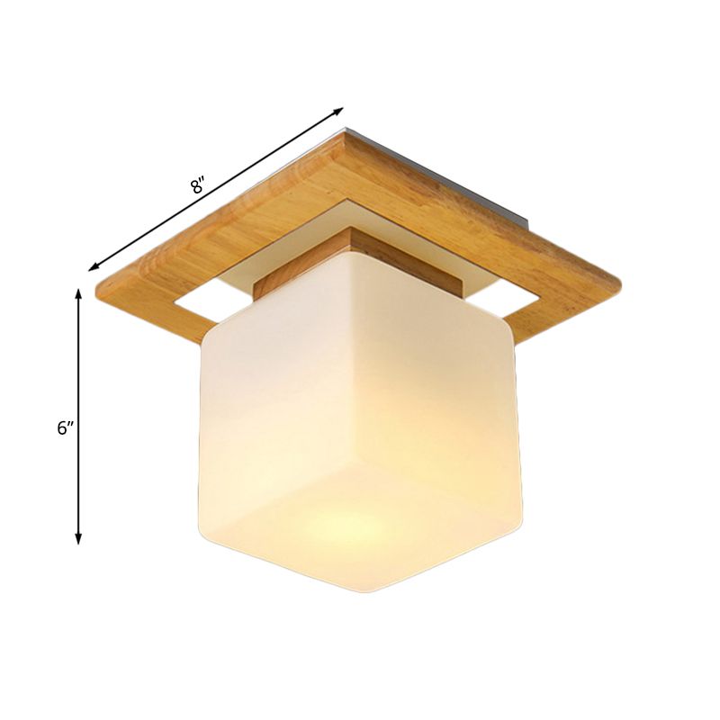 Square Semi Flush Mount Light Modern Wood 1 Light Brown Semi Mount Lamp with Milk Glass Shade