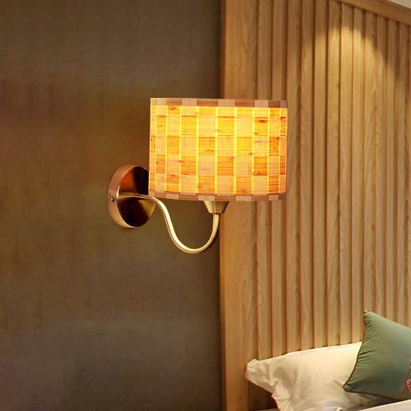 Wood Drum Wall Lighting Chinese 1 Head Beige Sconce Light Fixture with Metal Curved Arm