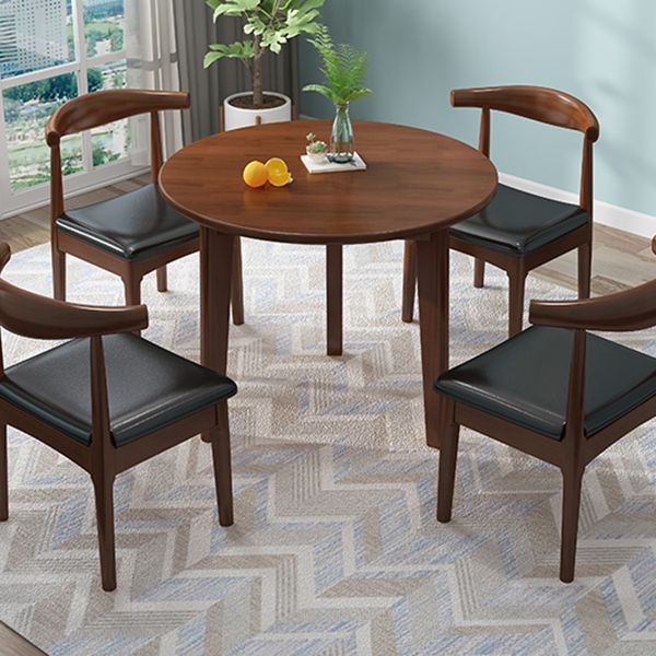 Round Wood Color Dining Table Rubberwood Solid Wood Table Modern with 4 Legs Pedestal
