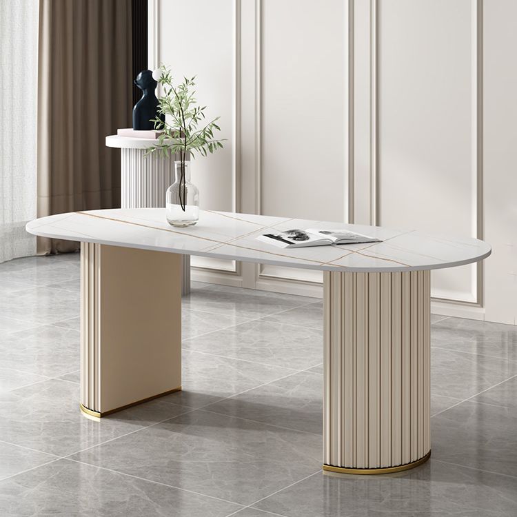 Tavolo da pranzo ovale moderno tavolo da pranzo in pietra sinterizzato con doppio piedistallo bianco