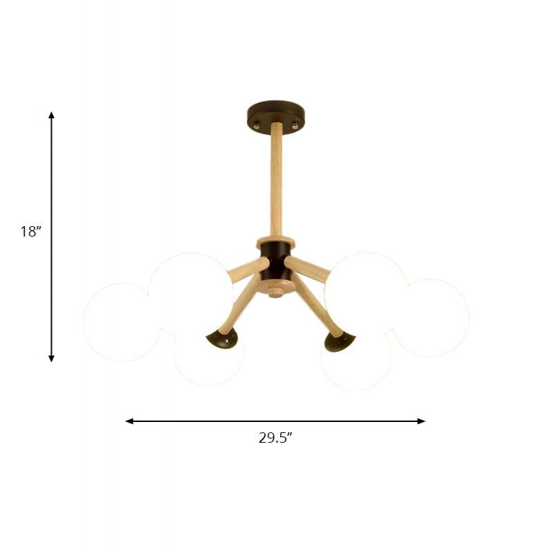 White Glass Grape Ceiling Chandelier 6 Lights Modern Suspended Light with Wood Branch