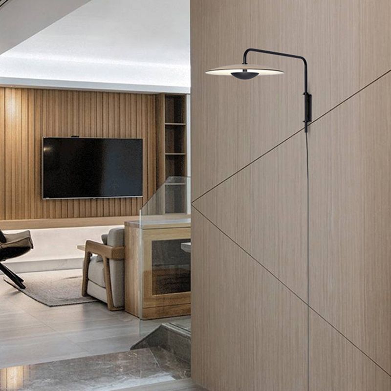 Modern Swing Arm Wall Sconce Circle Shape Wall Light with Metal Shade for Bedroom