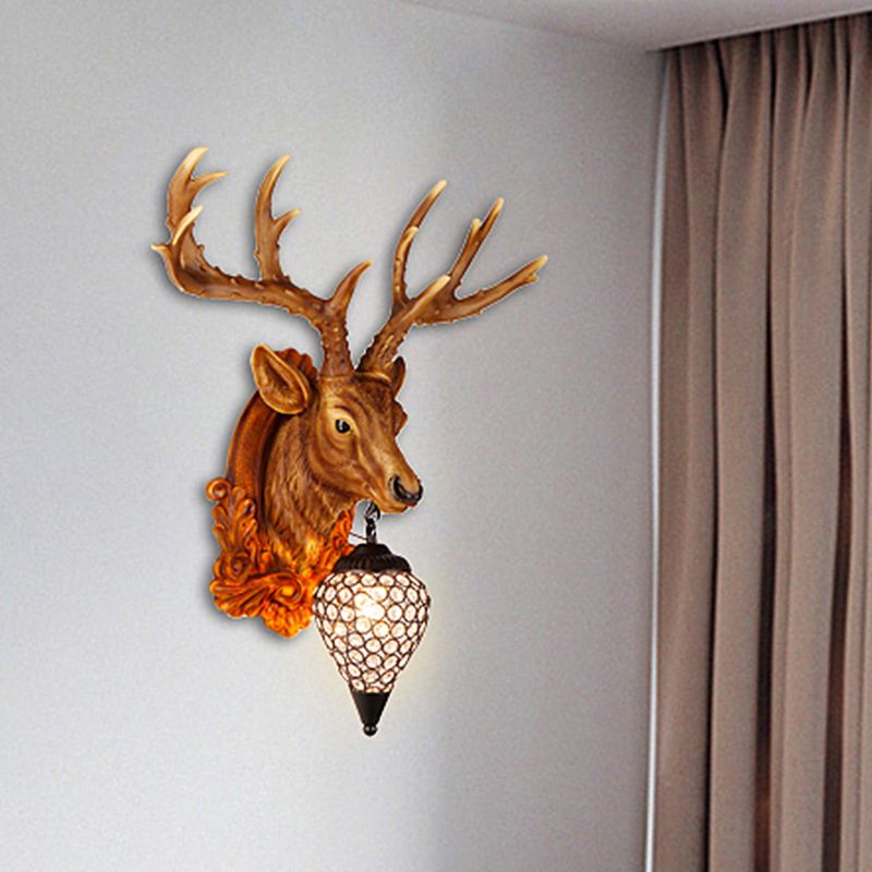 13"/26" W Single Resin Wall Light Fixture Country White/Yellow/Gold Deer Head Living Room Sconce Lamp with Teardrop Crystal Shade