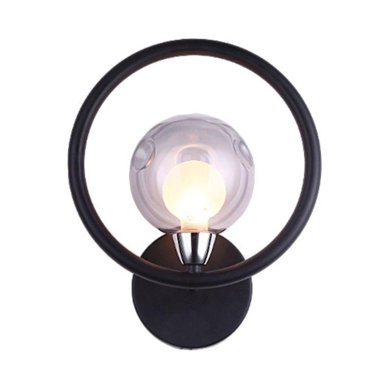 Black/White Ring Wall Light Sconce Modern Stylish 1 Bulb Metal Wall Lamp with Glass Ball Shade