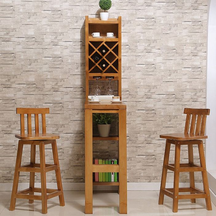 Brown Pine Wood Bistro Table with Storage Modern Pub Table for Living Room