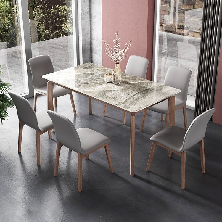 Rectangle Mid-Century Modern Dining Table Sintered Stone Table with 4 Solid Wood Legs