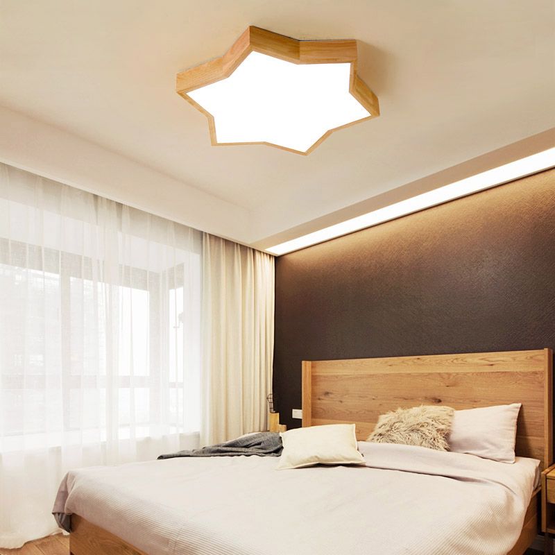 Six-Pointed Star Bedroom Flush Mount Lighting Wood Minimalist LED Flush Mount Fixture