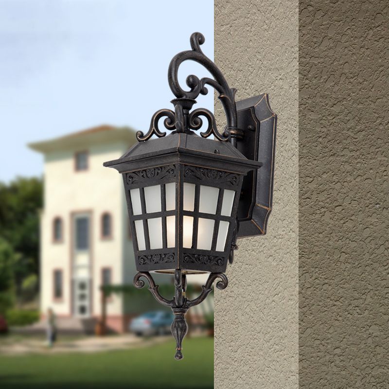 Vintage Lantern Sconce Light Single Frosted White Glass Outdoor Wall Mount with Scroll Arm in Black