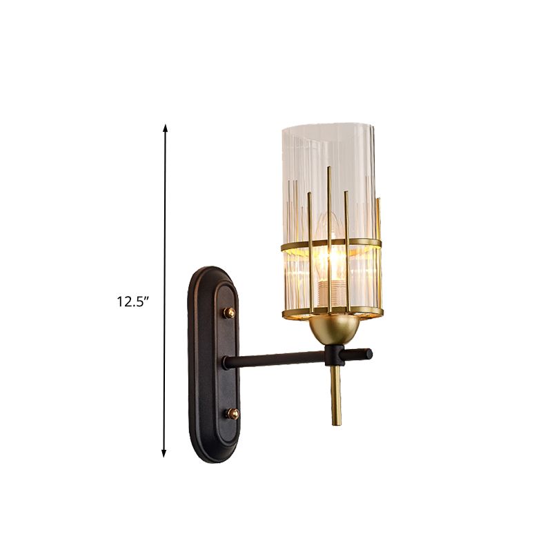 1 Bulb Wall Light Sconce Traditional Living Room Wall Lighting Fixture with Cylinder Clear Glass Shade in Gold