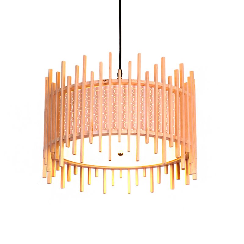 Colgante de suspensión cilíndrica madera retro 1 bulbo beige kit de luz colgante con sombra de PVC blanca interna