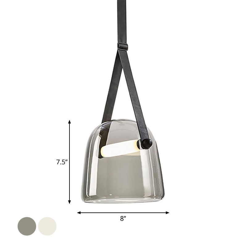 Cream/Smoke Grey Glass Cloche Pendant Postmodern 1 Bulb Black/Beige Hanging Ceiling Light with Buckle Strap