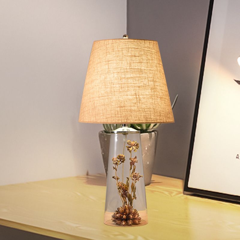 Modern 1 Head Table Light Clear Waterdrop/Bottle Glass Night Lighting with Dried Flower Decor and Flaxen Fabric Shade