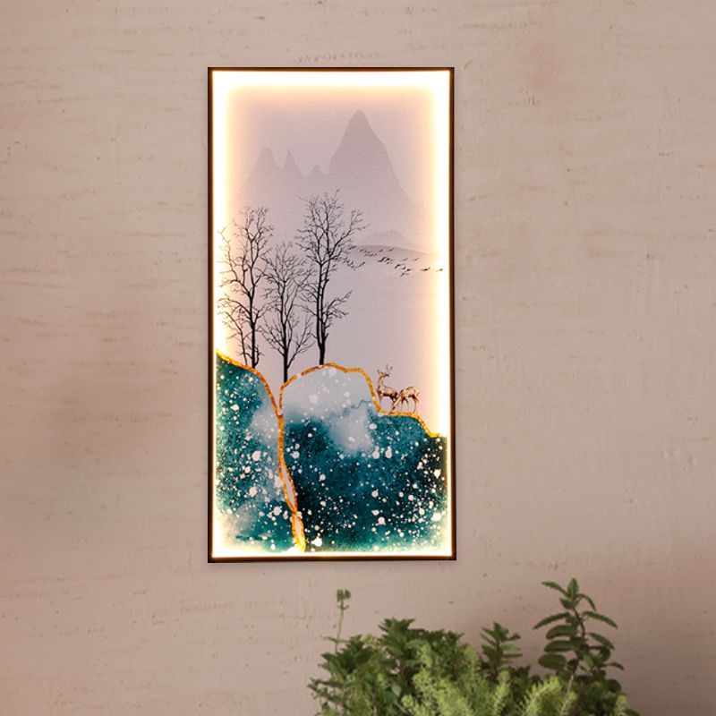 Rectangular Wall Mural Light Asia Fabric Tearoom LED Sconce with Fish/Elk Pattern, Blue