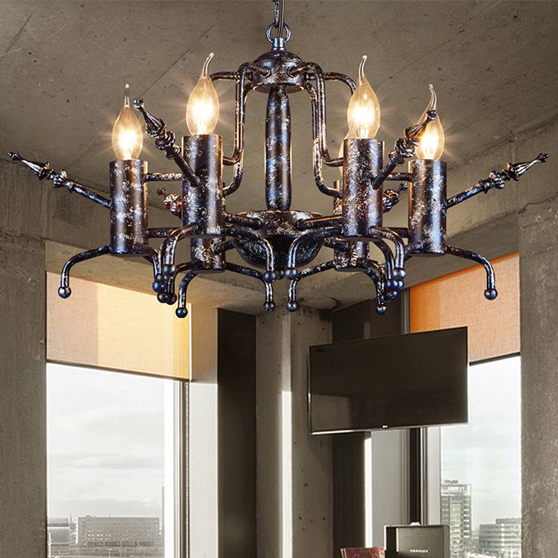 Candle Metal Ceiling Lamp Traditional 6-Head Living Room Chandelier Pendant Light in Black