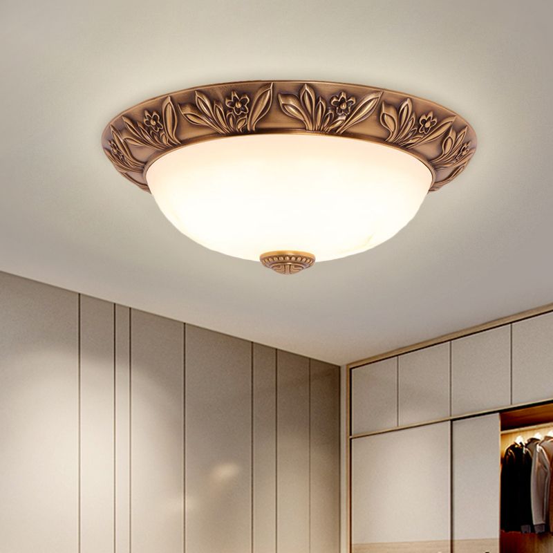 4/3/2 Heads Bowl Flush Light Antiqued Brass White Glass Ceiling Mounted Fixture,12"/16"/21.5" Width